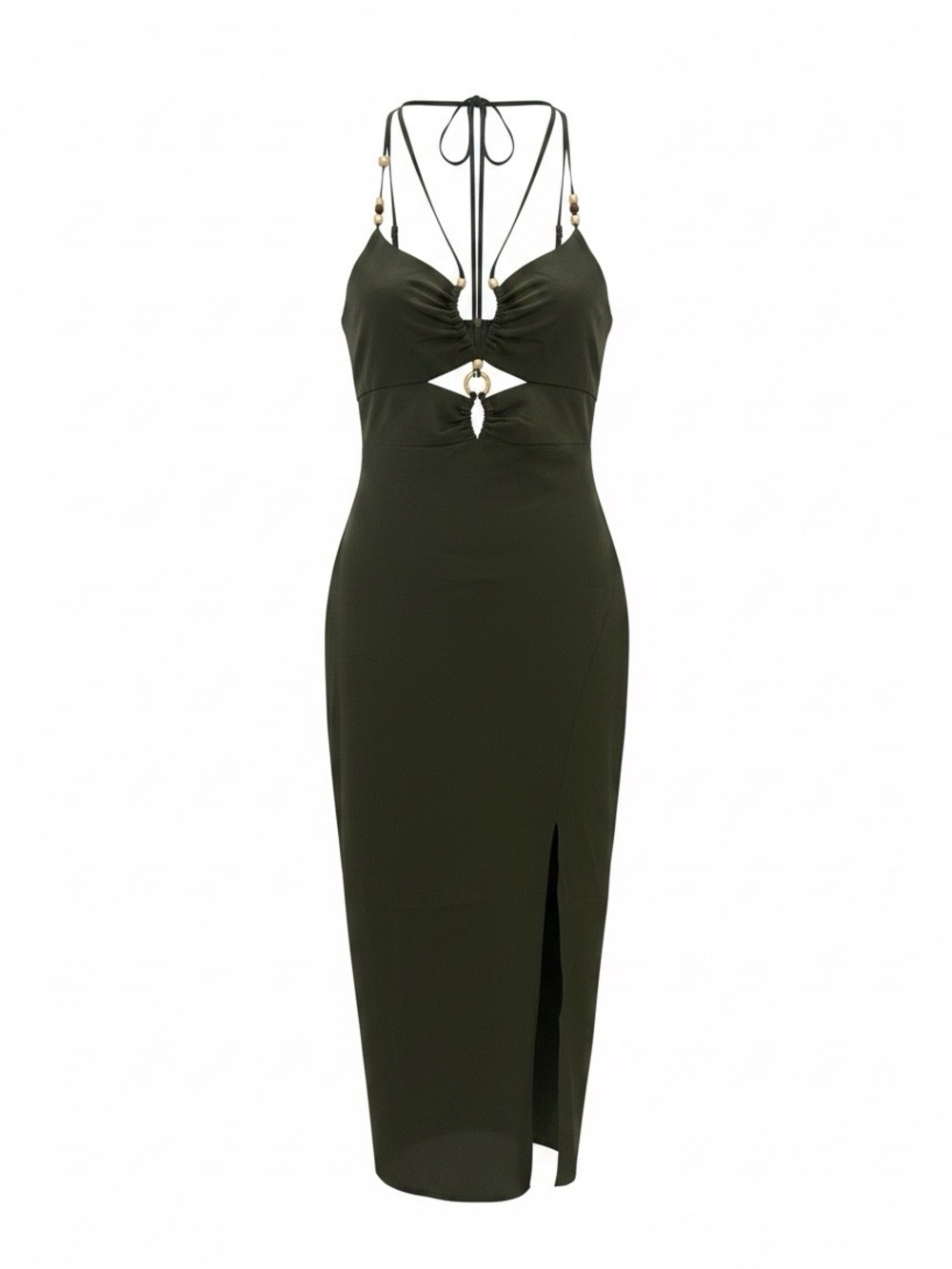 SHEIN Olive Green Halter Cutout Midi Dress with Side Slit